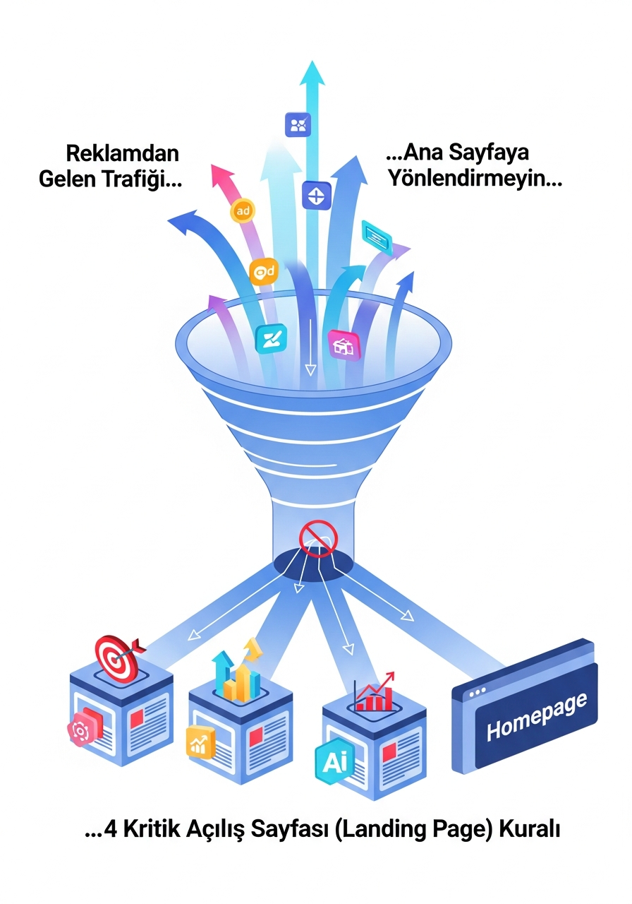 Reklamdan Gelen Trafiği Ana Sayfaya Yönlendirmeyin: Google & Instagram Bütçenizi Koruyacak 4 Kritik Açılış Sayfası (Landing Page) Kuralı